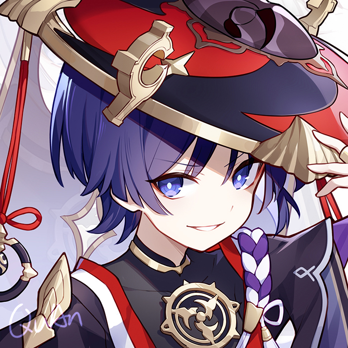 this is a drawing of an anime girl character. she has long blue hair and a red hat with gold trim and a purple braid in her hair. she's wearing a black outfit with gold trim and  has purple eyes. she is smiling and looks happy.