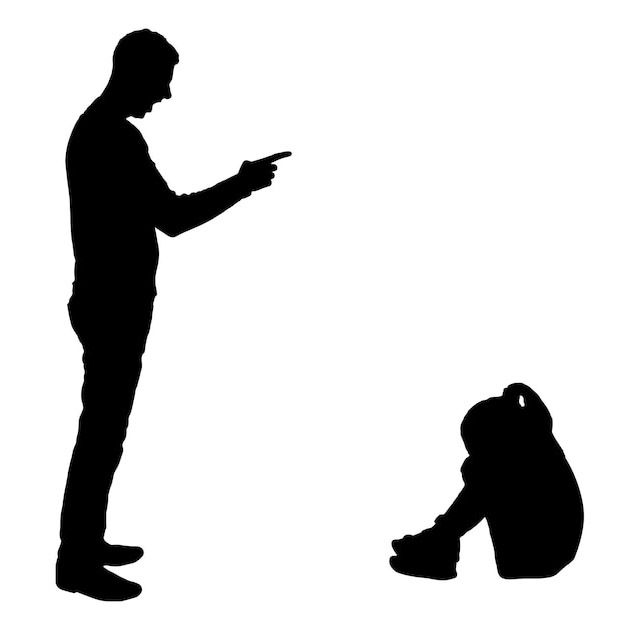 a silhouette of a man pointing at a woman sitting on the ground, with her head down. they look like they are arguing or in conflict. the image shows a sad and upset mood.