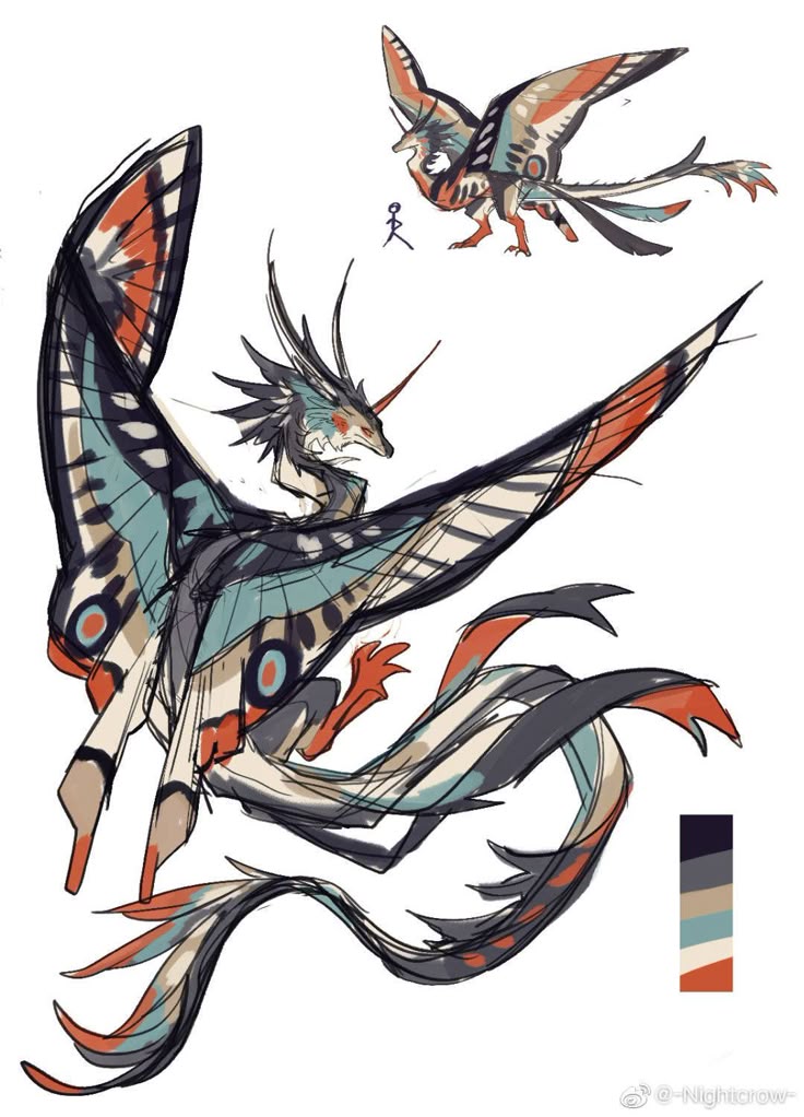the image features a detailed fantasy drawing of two winged creatures, resembling a hybrid between a dragon and a butterfly or moth. the larger creature is in the foreground, exhibiting intricate wing patterns, a slender dragonlike body, and a horn. its tail is long and feathered. in the upper right corner is a smaller, similar creature, possibly a juvenile or a different variation. a tiny stick figure stands beside it, suggesting a size comparison. a color palette is displayed on the bottom right, indicating the colors used in the illustration. the overall style is reminiscent of a sketch, with visible line work and shading.