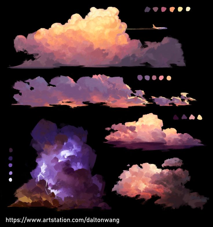 the image is a digital painting showcasing various styles and color palettes of clouds.  it features several rows of cloud formations, each distinct in shape, color, and lighting. one row depicts a dramatic thunderstorm with visible lightning.  another row shows fluffy, sunsetlit clouds.  there are also subtler cloud formations.  small color palettes are displayed next to each cloud set, illustrating the color choices used. an airplane is visible in the top row, adding depth to the scene. the background is black, emphasizing the clouds. the artist's website is included at the bottom. the overall style is painterly and evocative, demonstrating a skilled understanding of light, shadow, and atmospheric perspective in depicting clouds.