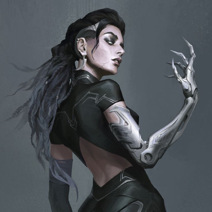 a digital art portrait of a woman with a mechanical arm and a cyberpunk fashion look, posed looking to the side. the woman is darkhaired and has a serious expression on her face, wearing black clothing. she is standing in a graytoned environment. her mechanical arm has a clawed hand and it is outstretched towards the viewer.