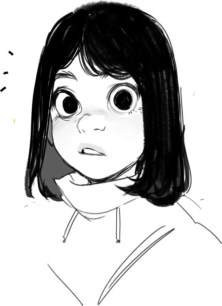 a black and white illustration of a young woman with short hair. her eyes are wide, suggesting surprise or shock, and her mouth is slightly open. she appears to be wearing a hooded sweatshirt. the overall style is sketchy and expressive.