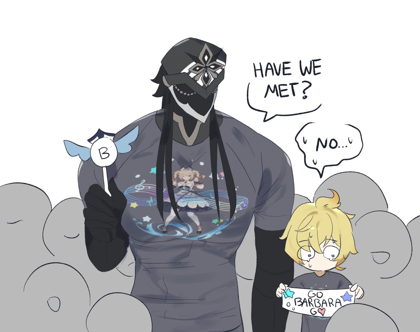 the image is a cartoon drawing of two anime characters. the character on the left is a tall, masked adult with long black hair and a grey shirt. he is holding a wand with a blue star on it. the character on the right is a young blonde child with a grey shirt and a sign that reads "go barbara go!" he is looking scared. the two characters are standing in front of a background of grey circles that resemble a crowd. the adult character is speaking to the child with a speech bubble that says "have we met?" and the child is responding with a speech bubble that says "no...".