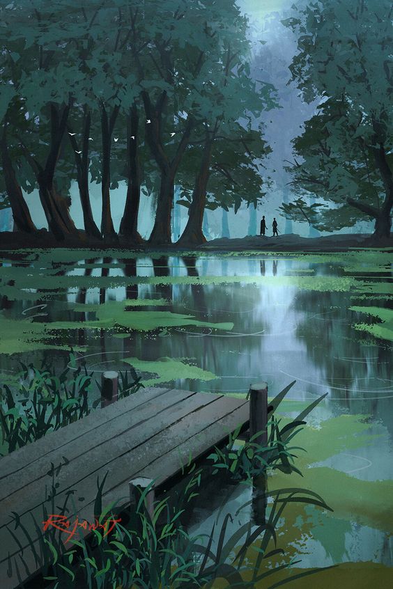 the image shows a moody and atmospheric scene of a forest lake at night. the lake is surrounded by tall, dark trees, and the surface of the water is covered in algae. a wooden dock extends out into the lake, and in the distance, we can see a couple standing on the shore. the moon is shining brightly in the sky, casting an eerie glow over the scene. the overall mood of the image is one of mystery, romance, and tranquility.