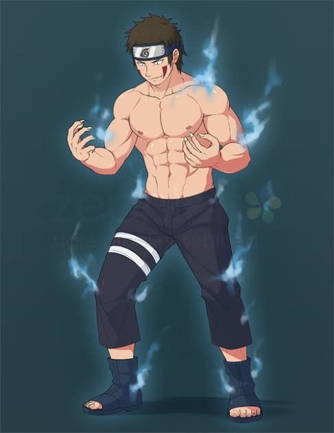 the image features a muscular, shirtless man with short brown hair and a determined expression. he wears dark pants with a white stripe down the side, reminiscent of attire from the anime series naruto.  his hands crackle with a glowing blue energy aura, suggesting he's about to unleash a powerful technique. the background is a muted bluegreen, putting the focus solely on the figure and his energy.