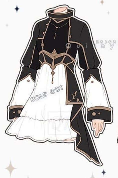 a hand drawn digital illustration of an anime girl wearing a black and white dress with gold details and a black cape. the girl has long black hair and is drawn in a cute and elegant style. the image also includes the text "sold out" which is written in a white cursive font.