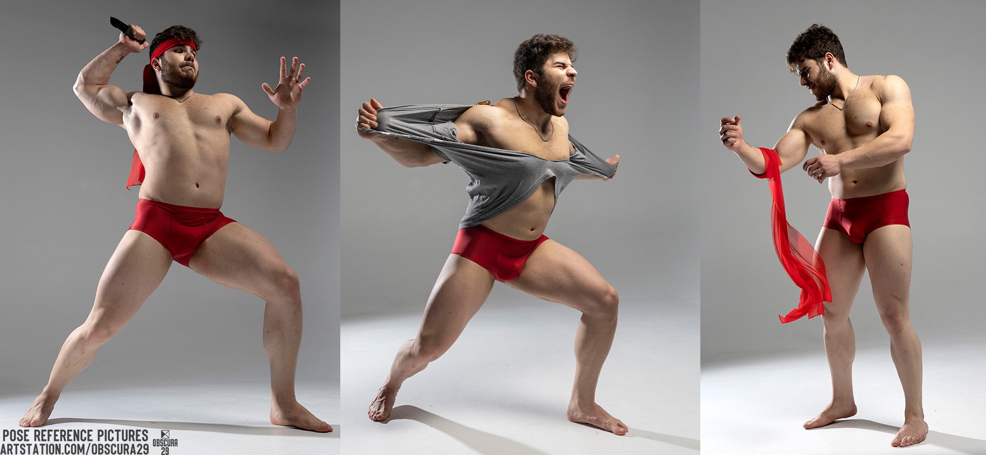 a male model is posing in three different stances. he is wearing red underwear and holding a black knife, a red scarf, and a gray tshirt that he is throwing off.