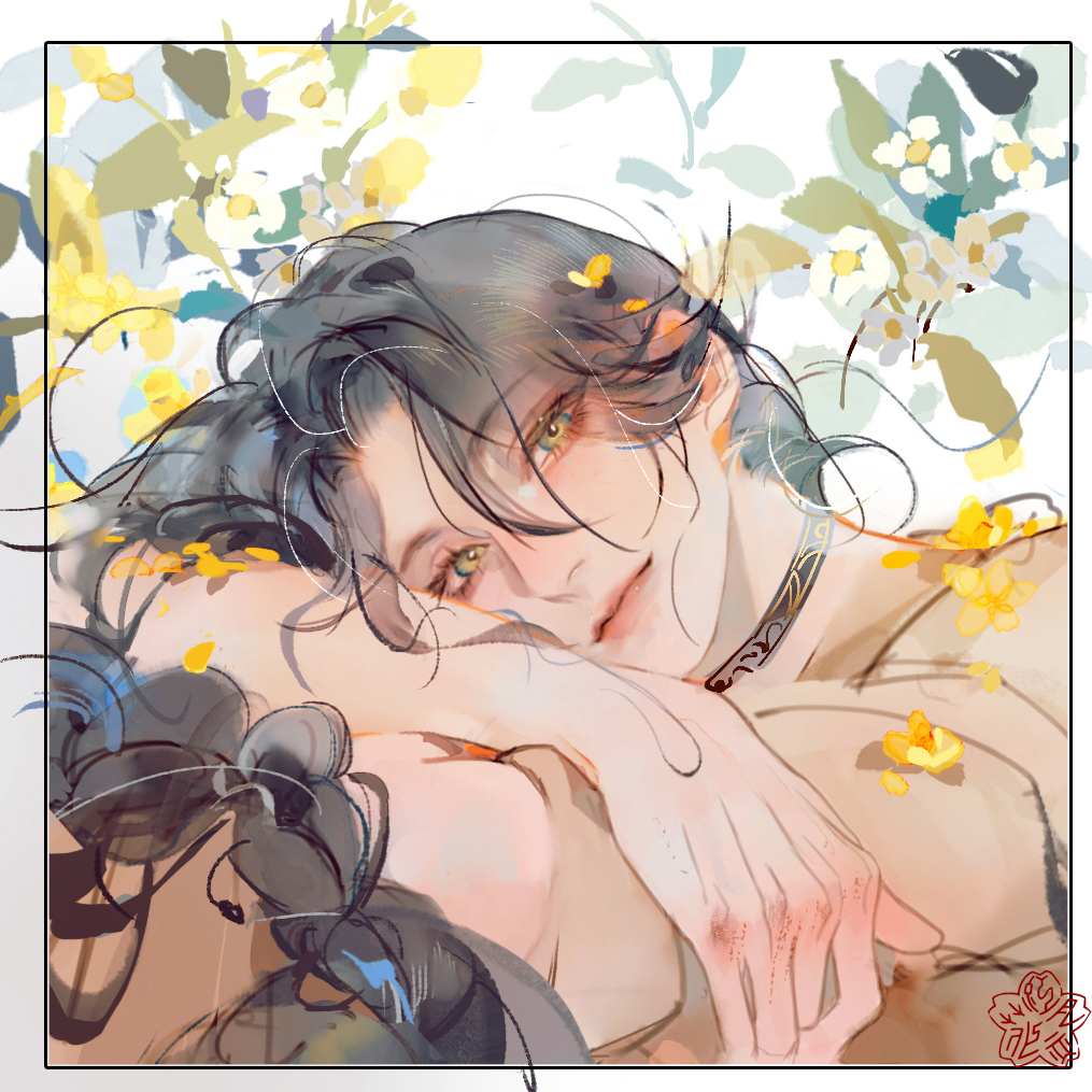the image is a digital illustration of a young man with long black hair and striking yellow eyes. he is lying down, his head resting on his arms, with a serene and ethereal expression. delicate white and yellow flowers frame his face, their petals scattering around him. the overall palette is soft and warm, with a focus on creamy whites, yellows, and browns. the style is painterly and delicate, creating a dreamlike and beautiful atmosphere.