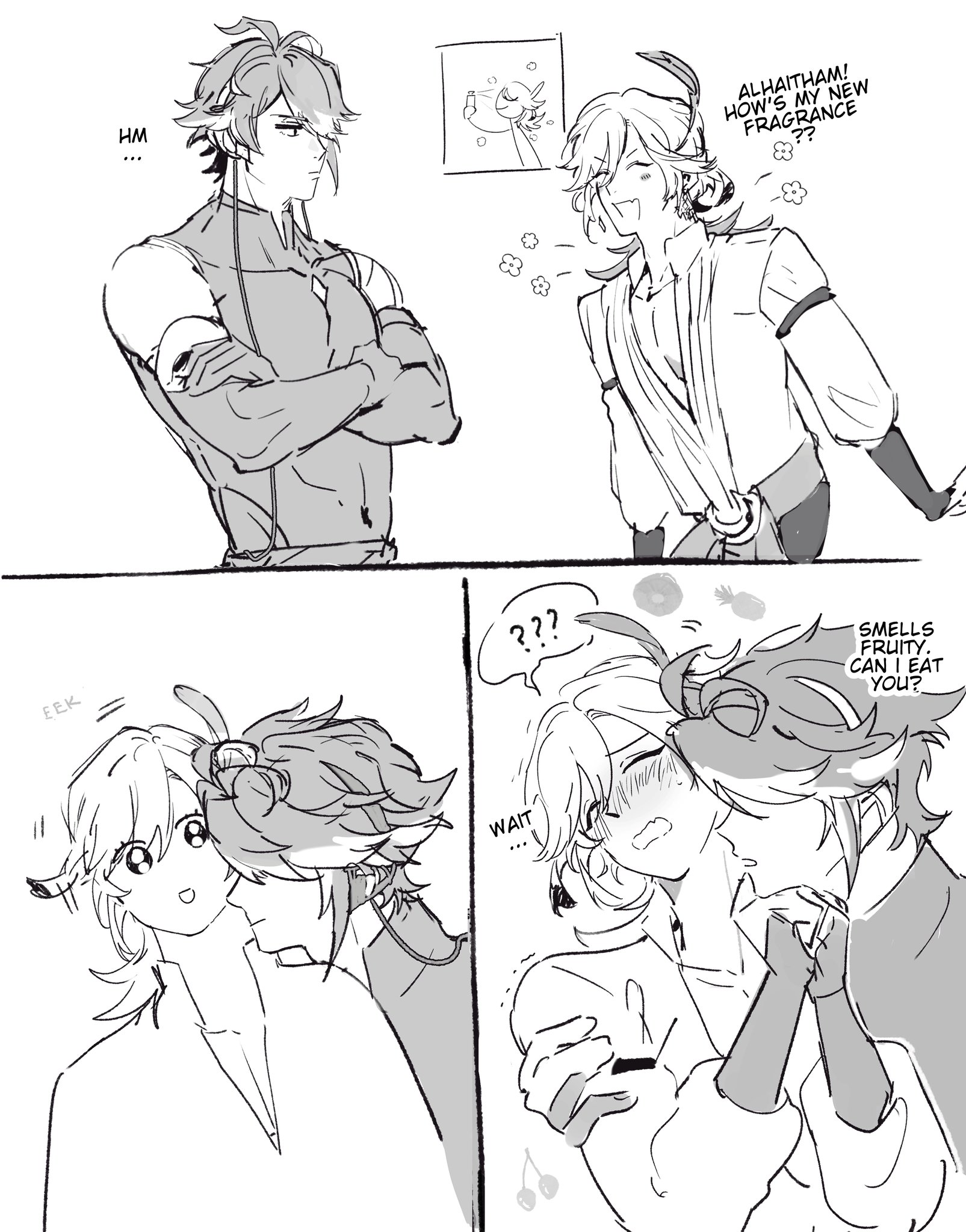this is a comic about two anime boys, alhaitham and tighnari, who are in a romantic relationship. the first panel shows alhaitham, who is a tall, darkhaired boy, standing with his arms crossed, while tighnari, who is a shorter, blonde boy, stands in front of him. tighnari is smiling and blushing. the next panel shows tighnari