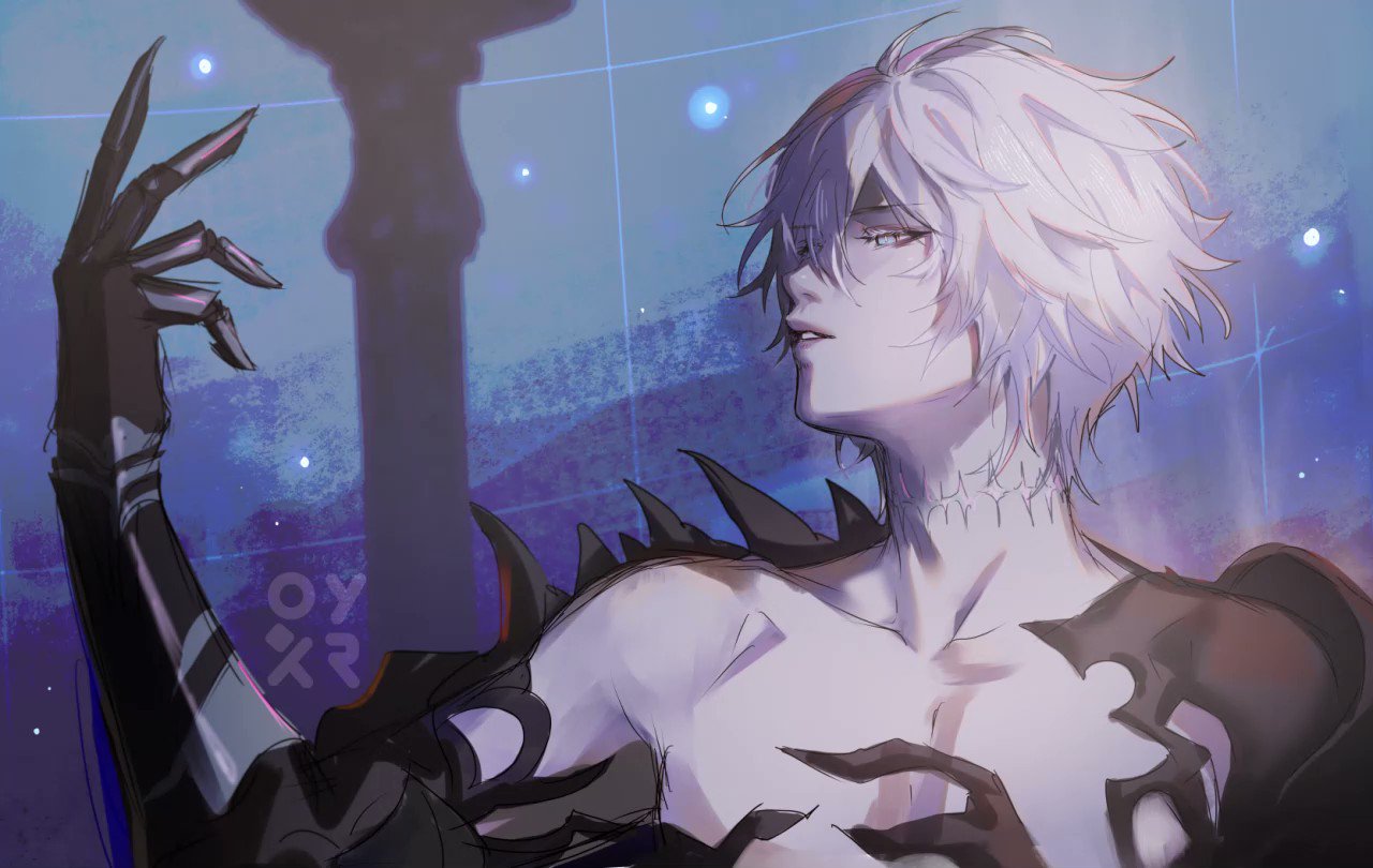 a closeup portrait of a young anime man with white hair, wearing a black and grey spiky suit with one black and gray arm, he is facing to the right with his head turned to the left. the background is a blue and purple blurry color with light blue spots.