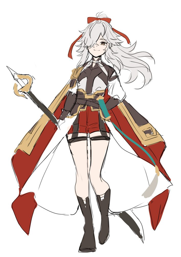 this is a sketch of an anime girl with white hair, she is wearing a red and gold outfit and a long white coat. she is holding a sword and her boots are black. it is a rough sketch with a focus on the outlines of the character.