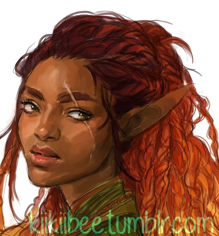 the image is a digital painting of a female elf character. she has dark brown skin,  long, vibrant red hair styled in thick braids or dreadlocks, and pointed elf ears. her expression is serious and slightly sorrowful, with a single tear visible on her cheek.  she appears to have a small scar above her eyebrow. the style is painterly and detailed, with warm colors and soft shading giving the portrait depth and realism. the background is plain white which draws focus to the subject. a watermark with the artist's name and platform ("kikibee.tumblr.com") is subtly placed at the bottom.
