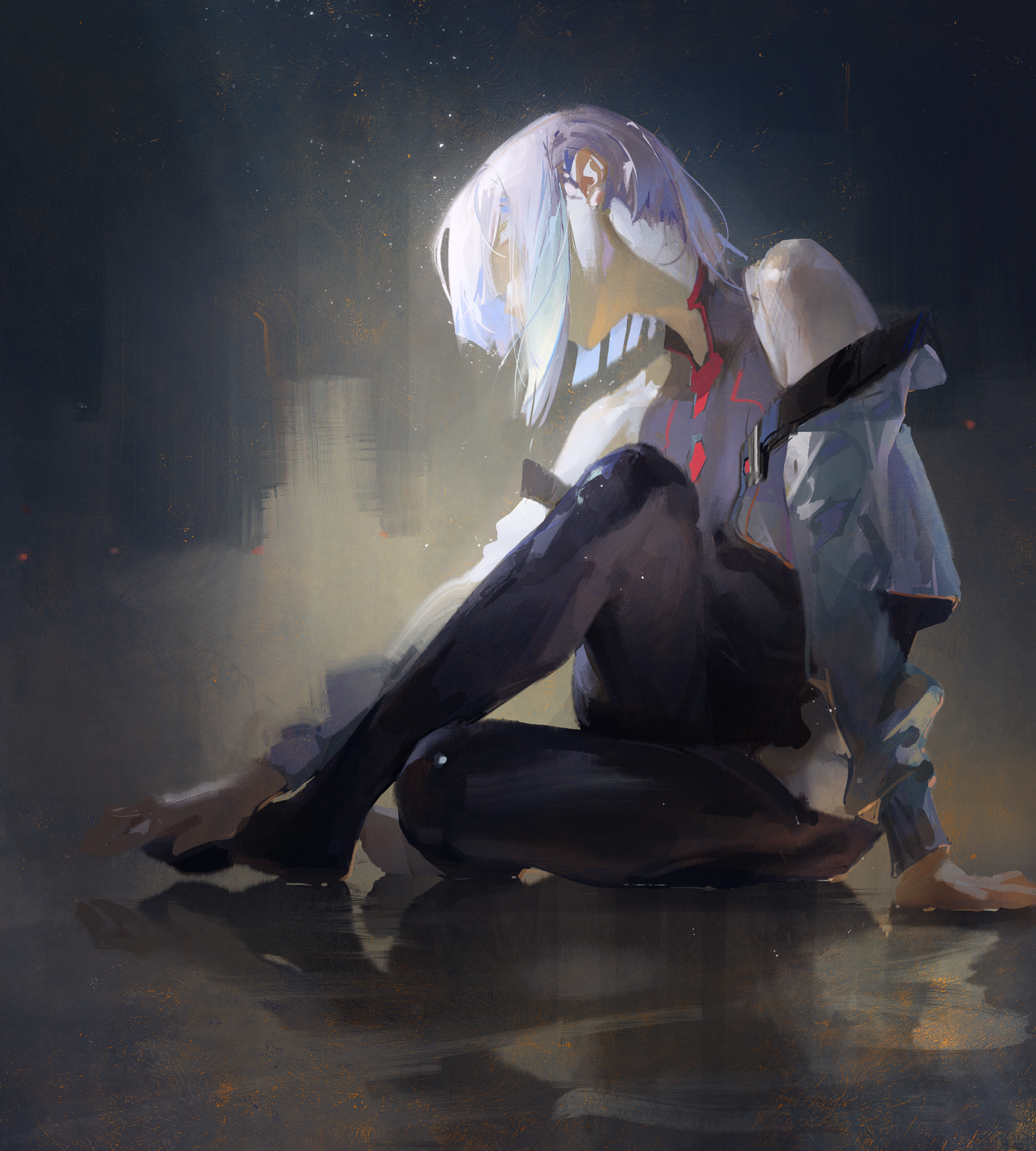 this is a digital painting of an anime girl with white hair and blue eyes sitting on a dark floor. she is wearing a white shirt and black pants, and her face is obscured by her hair. the painting has a dark and moody atmosphere, and the girl appears to be sad or lonely. the painting is done in a painterly style, with loose brushstrokes and a sense of movement. there is a reflection of the girl on the floor, adding to the sense of loneliness and isolation. the girl's expression is obscured by her hair, but her pose suggests that she is in pain or distress. this is a piece of art that is evocative and thoughtprovoking.