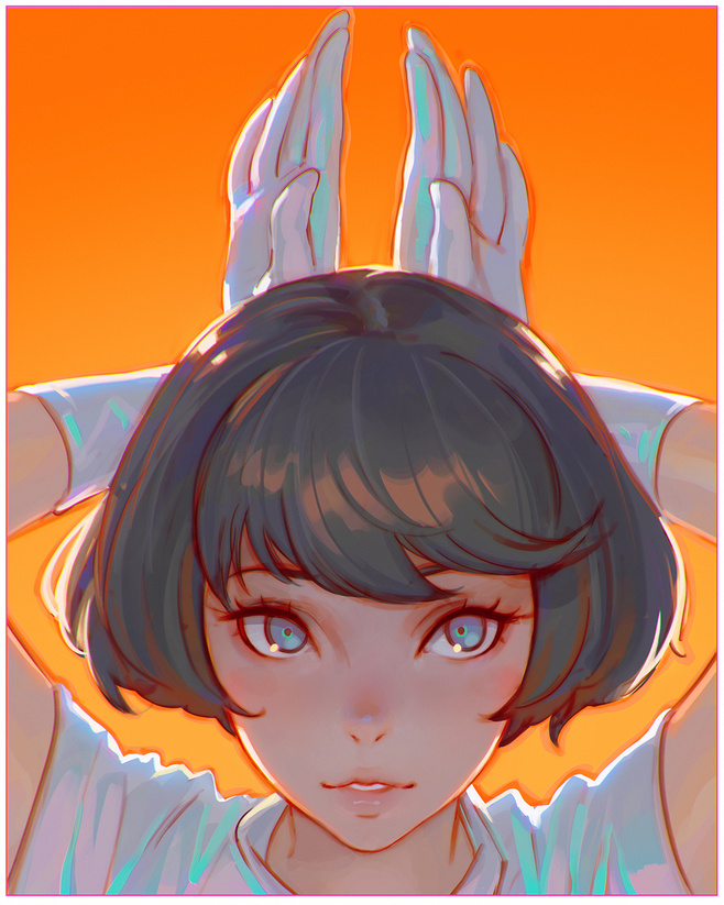 a cute anime girl with short dark hair, blue eyes, white shirt and white gloves in the shape of bunny ears, against an orange background looking at the camera.