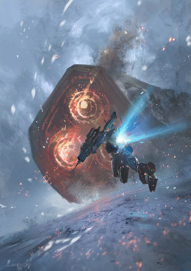 the image depicts a futuristic spaceship engaged in intense combat. it's firing a powerful energy beam towards a large, seemingly volcanic, structure or asteroid. the scene is filled with explosions, fire, and debris, suggesting a fierce battle is underway. the spaceship is darkcolored and sleek in design. the background is a bleak, icy landscape that contrasts sharply with the fiery battle. the overall atmosphere is one of chaos and destruction, highlighting the intensity of the conflict. the art style suggests a digital painting or illustration with detailed textures and atmospheric effects.