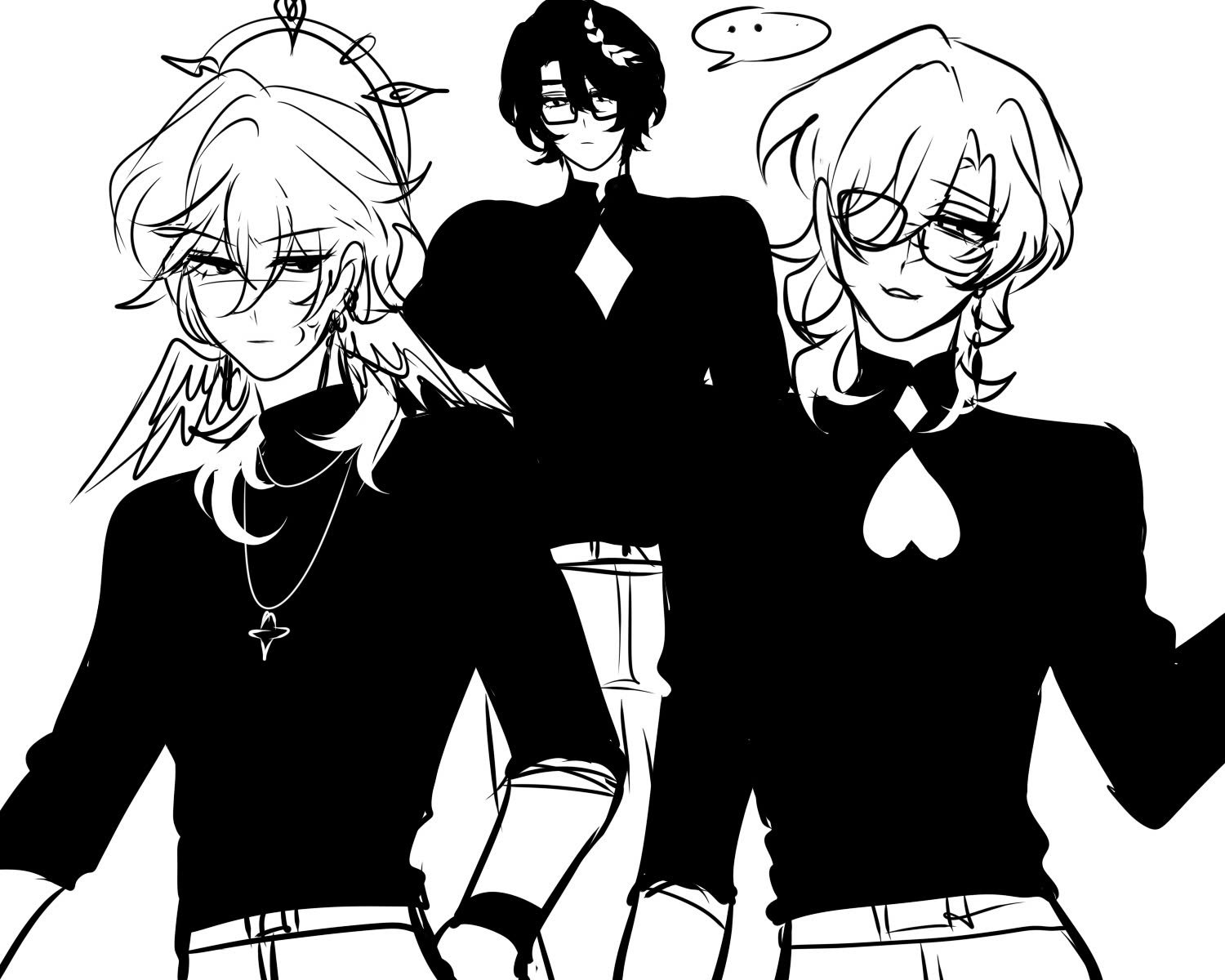 the image is a black and white animestyle drawing or sketch featuring three young male characters.  they are depicted from the waist up, wearing dark, stylish clothing.  one character has wings and a halo, another wears glasses and seems pensive,  and the third sports a spadeshaped design on his shirt.  they stand close together, suggesting a relationship or friendship. the art style is expressive, with clear linework and shading. a thought bubble appears above one of the character's heads.