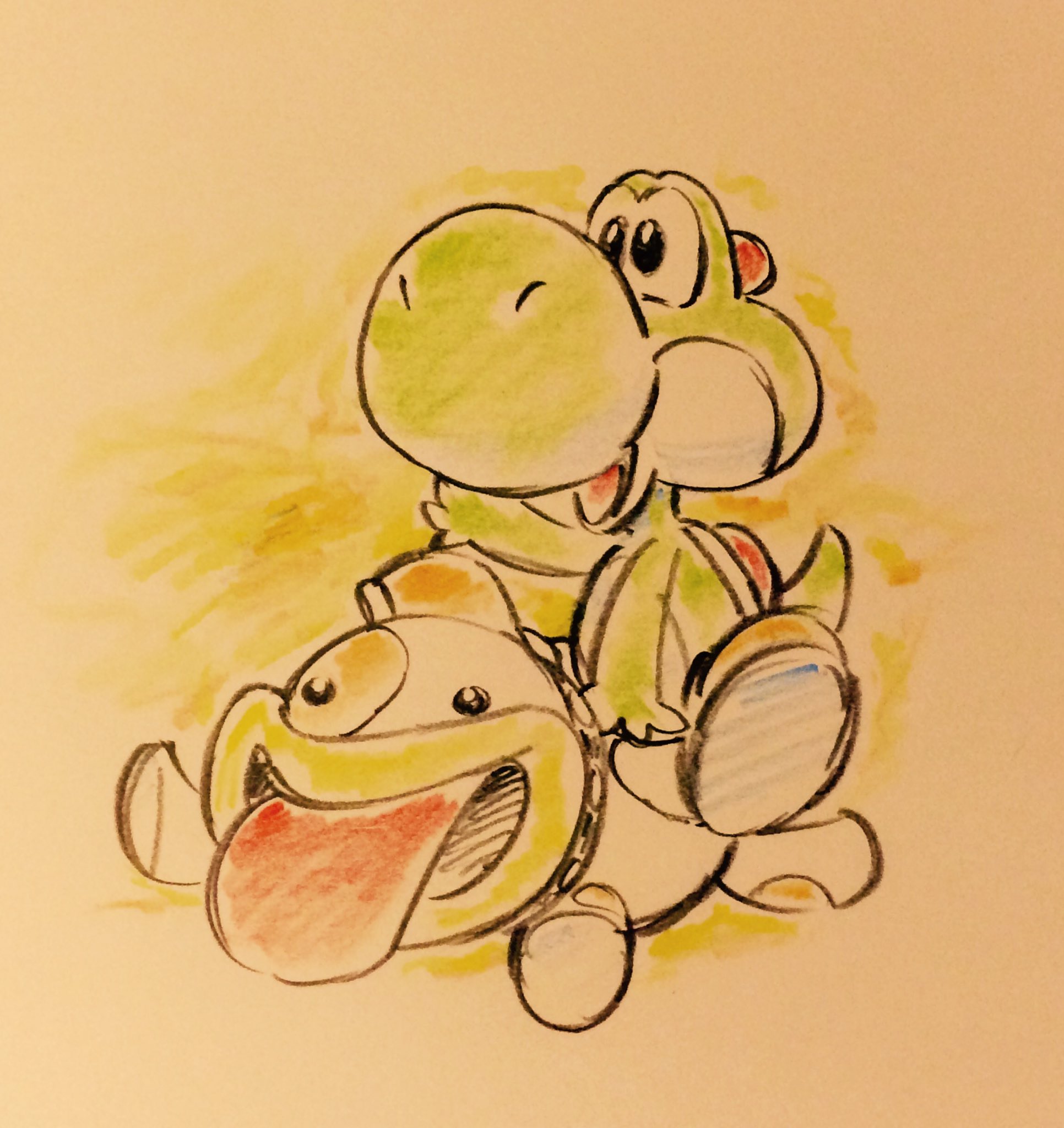 a colored sketch depicts yoshi riding gleefully on the back of a koopa troopa. the style is reminiscent of concept art, using colored pencils for a soft and playful feel. the koopa troopa has its tongue out, seemingly enjoying the ride as much as yoshi.  the background is a simple yellow wash, focusing attention on the characters.