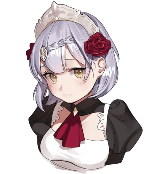 this is a digital drawing of a young anime girl dressed in a black and white maid outfit. she has short, silver hair with a braid and two red roses tucked behind her ear. her eyes are goldenyellow and she has a gentle smile. the lighting is soft and the perspective is slightly from below.