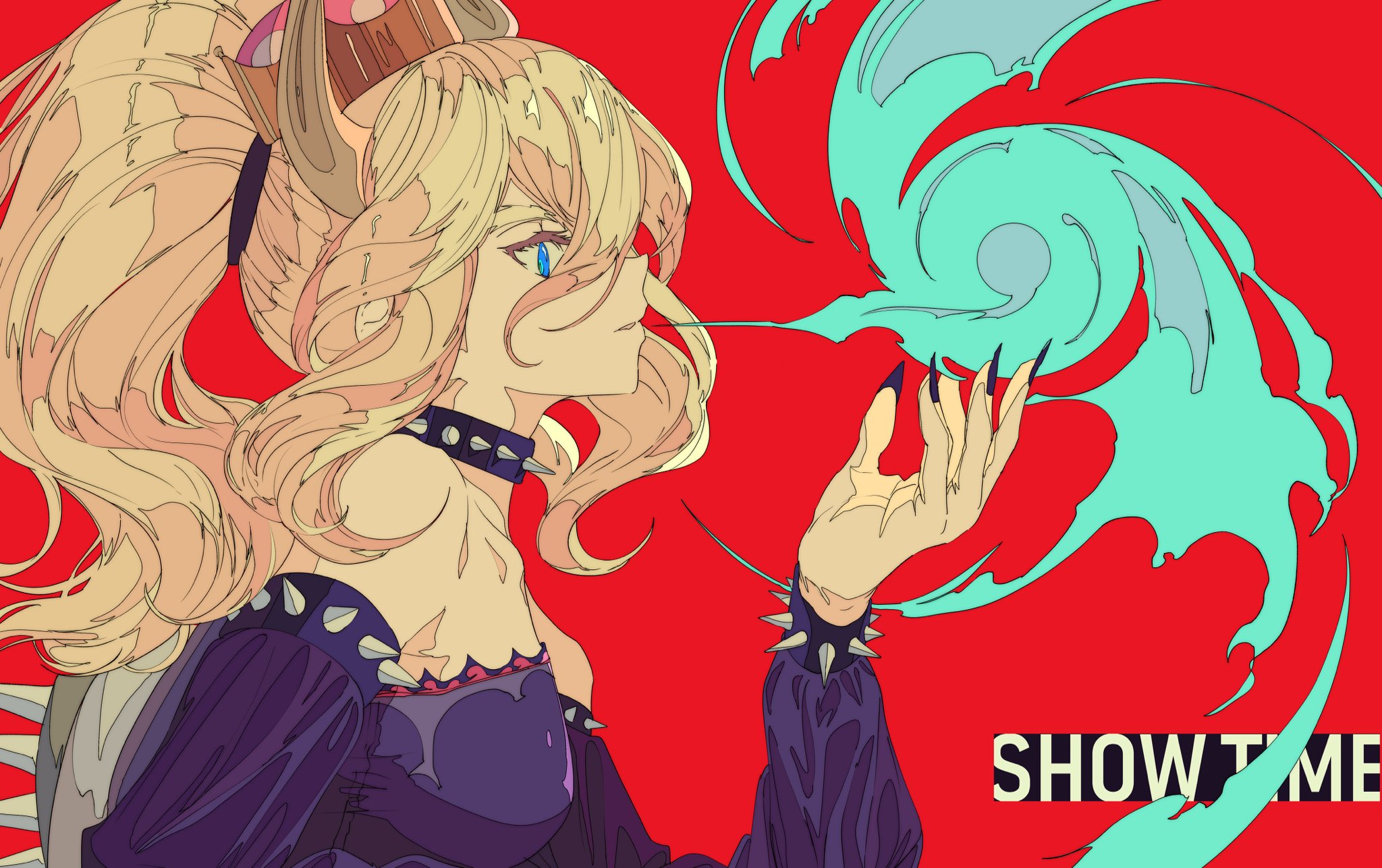 the image is a stylized digital illustration or fanart depicting a character strongly resembling bowser's daughter from the super mario series.  she's presented in a punk/goth aesthetic, with long blonde hair in a high ponytail, a spiked collar and cuffs, and dark clothing. her blue eyes are striking. the character is positioned in profile view, her hand outstretched, seemingly manipulating a swirling mass of teal energy. the background is a bold red, and the words "show time" are prominently displayed, suggesting a performance or magical display is about to begin. the art style is bold and graphic, with sharp lines and a limited color palette. the overall impression is one of power and dramatic flair.