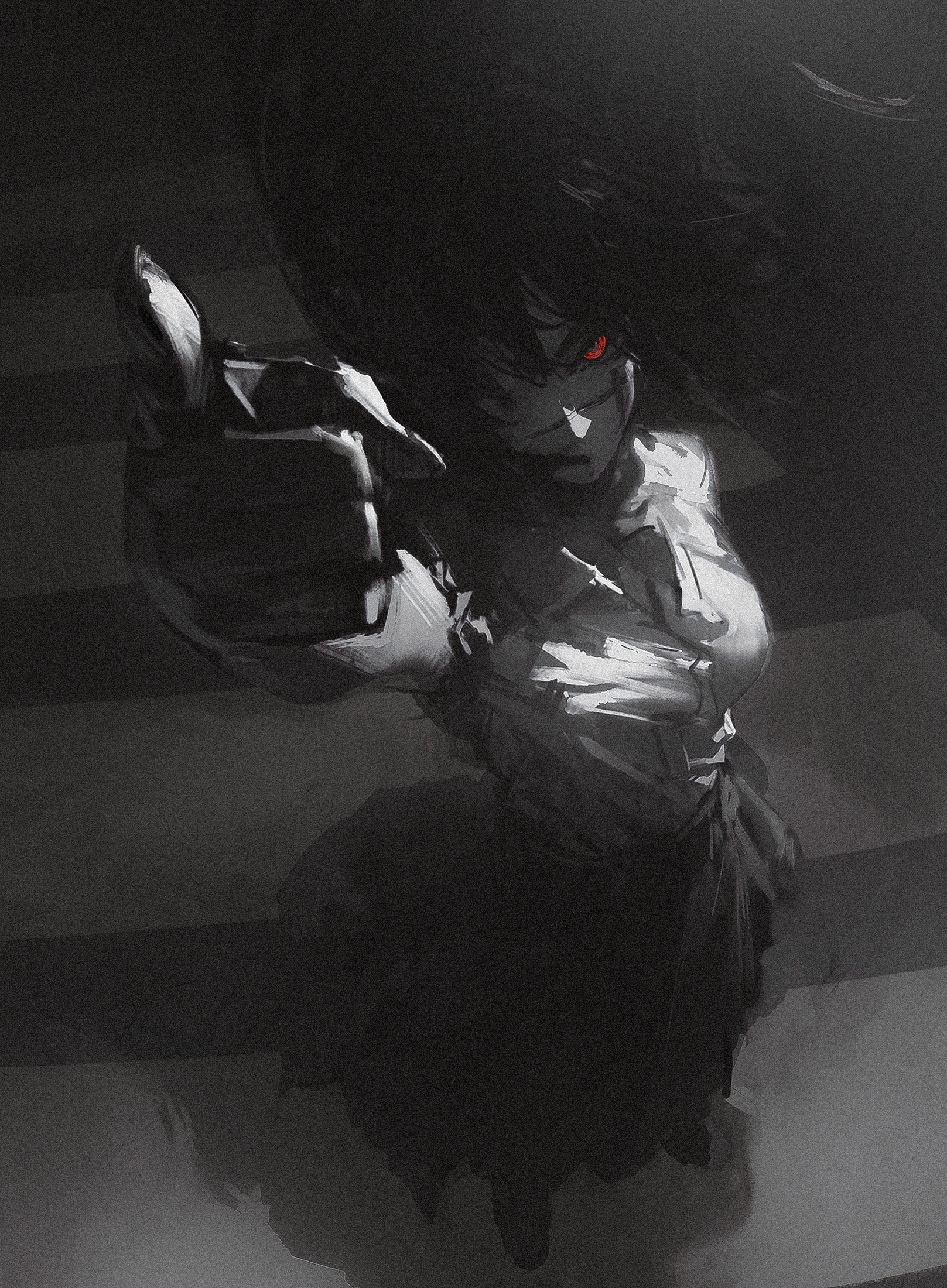 an anime girl in a black and white image, with her red eyes shining brightly. she is silhouetted against a dark background, giving the impression of being mysterious and shadowy. she is pointing with her right hand, potentially at something in the distance.