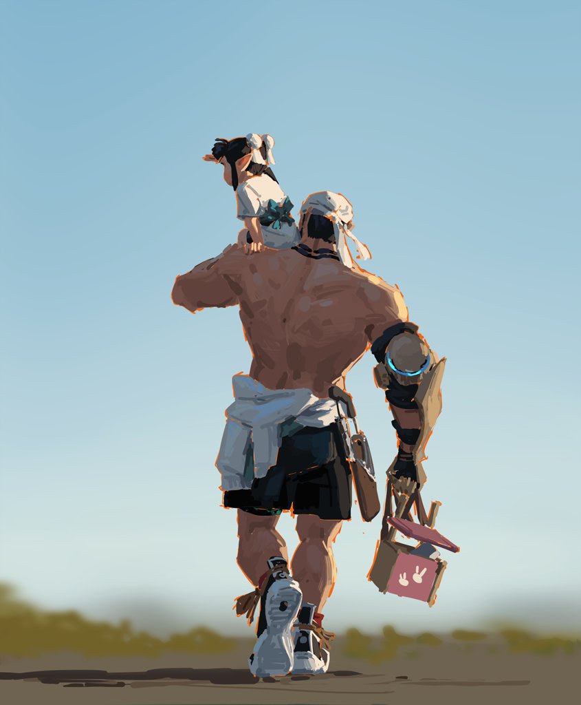 the digital painting depicts a strong, muscular man with a partially robotic arm carrying a young girl on his shoulders.  they are walking away from the viewer into a sunset landscape under a clear sky. the man is shirtless, wearing shorts and sandals, and a light white garment is draped around his waist.  the girl wears a lightcolored dress. the man carries a small, pink lunchboxlike container in his other hand. the style of the illustration blends anime/manga influences with a painterly approach, creating a serene and heartwarming scene emphasizing the bond between father and daughter. the overall mood is peaceful and evocative.