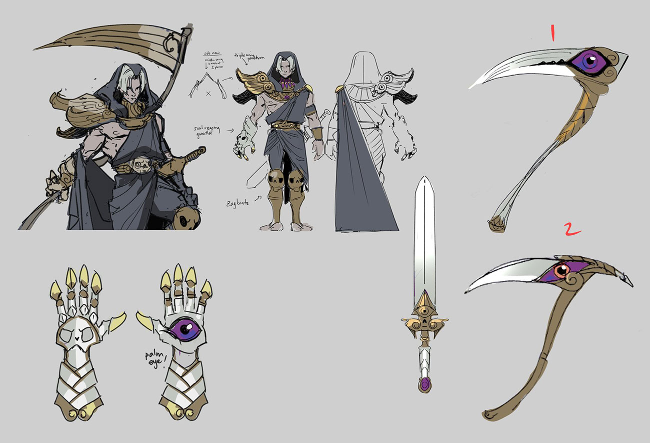 a digital art illustration showing a character design concept for a fantasy reaper. the character design features a dark, hooded figure, holding a scythe. there are various sketches and details of the character's design, including closeups of their armored hands and weapons. one hand has a golden glove with a large, glowing eye on it, while the other hand holds the scythe. the image shows the character from different angles, including a side view and a front view. it also includes details on the character's clothing and accessories.