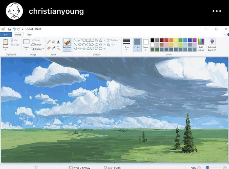 the image is a screenshot of a landscape painting created in microsoft paint. the artwork features a blue sky with fluffy white clouds, a green field, and several trees. the paint interface is visible, showing the menu bar, tool options, and color palette. the artist's username, christianyoung, is also displayed at the top.