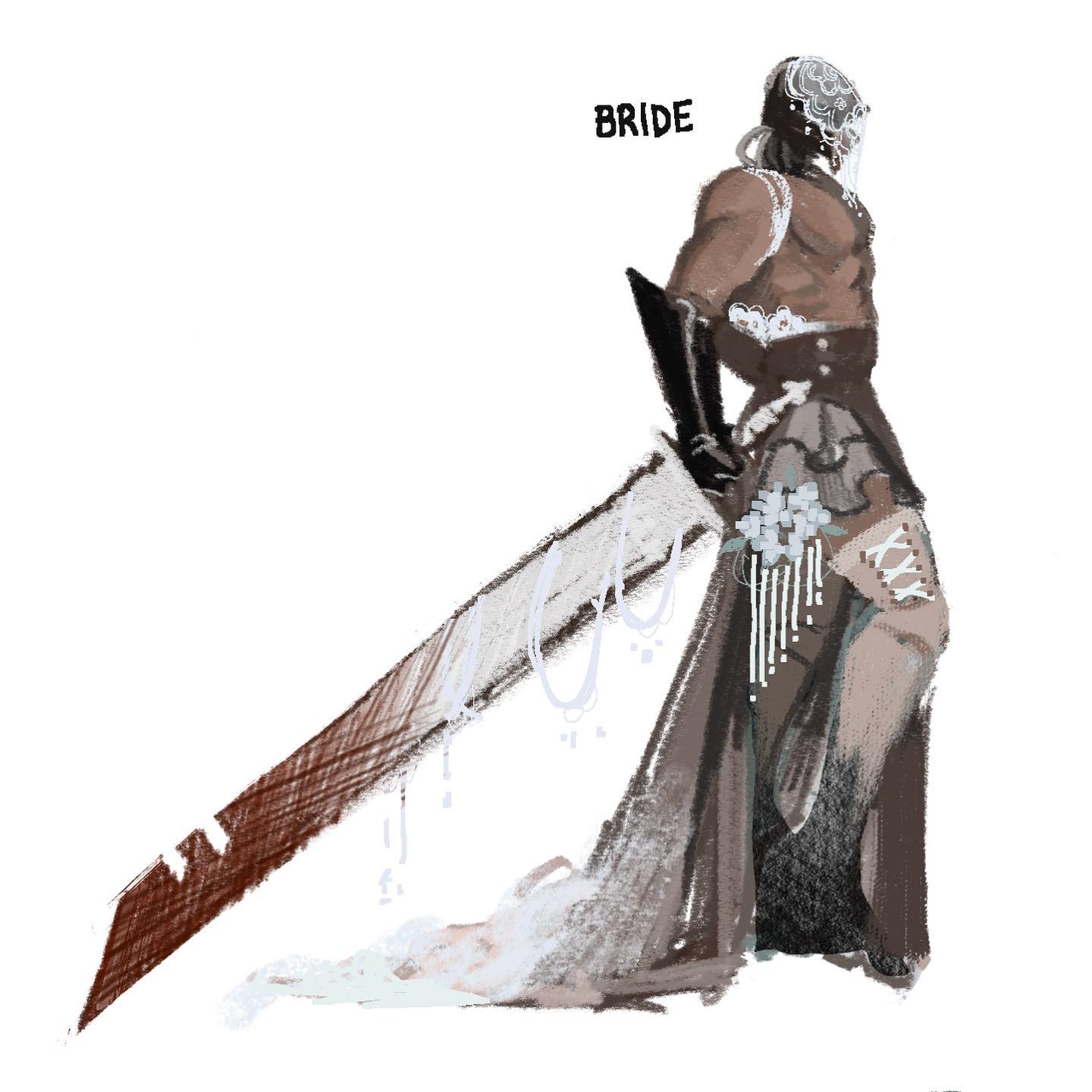 a full body sketch of a muscular person in wedding attire holding a very large sword.  their head is entirely covered by an ornate mask. the style of the piece is loose and expressive with visible brush strokes.