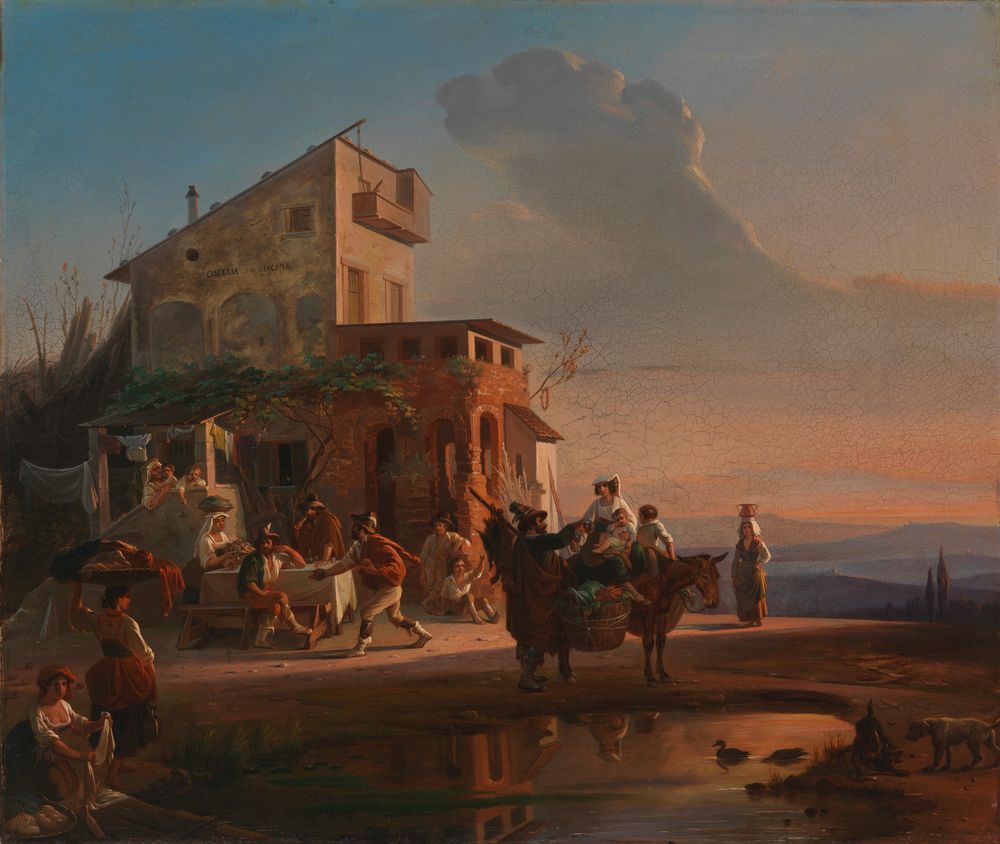 this is a painting depicting a lively rural scene in italy, likely in the 19th century. it features a large building that seems to be a tavern or inn, with people gathered outside, dining and interacting. other people are on a donkey, and another walking nearby. a dog, ducks in the water and a nearby body of water, possibly a pond. a large cloud looms in the background, hinting at the nearby volcano, mount vesuvius. the overall atmosphere is of a bustling peasant life.