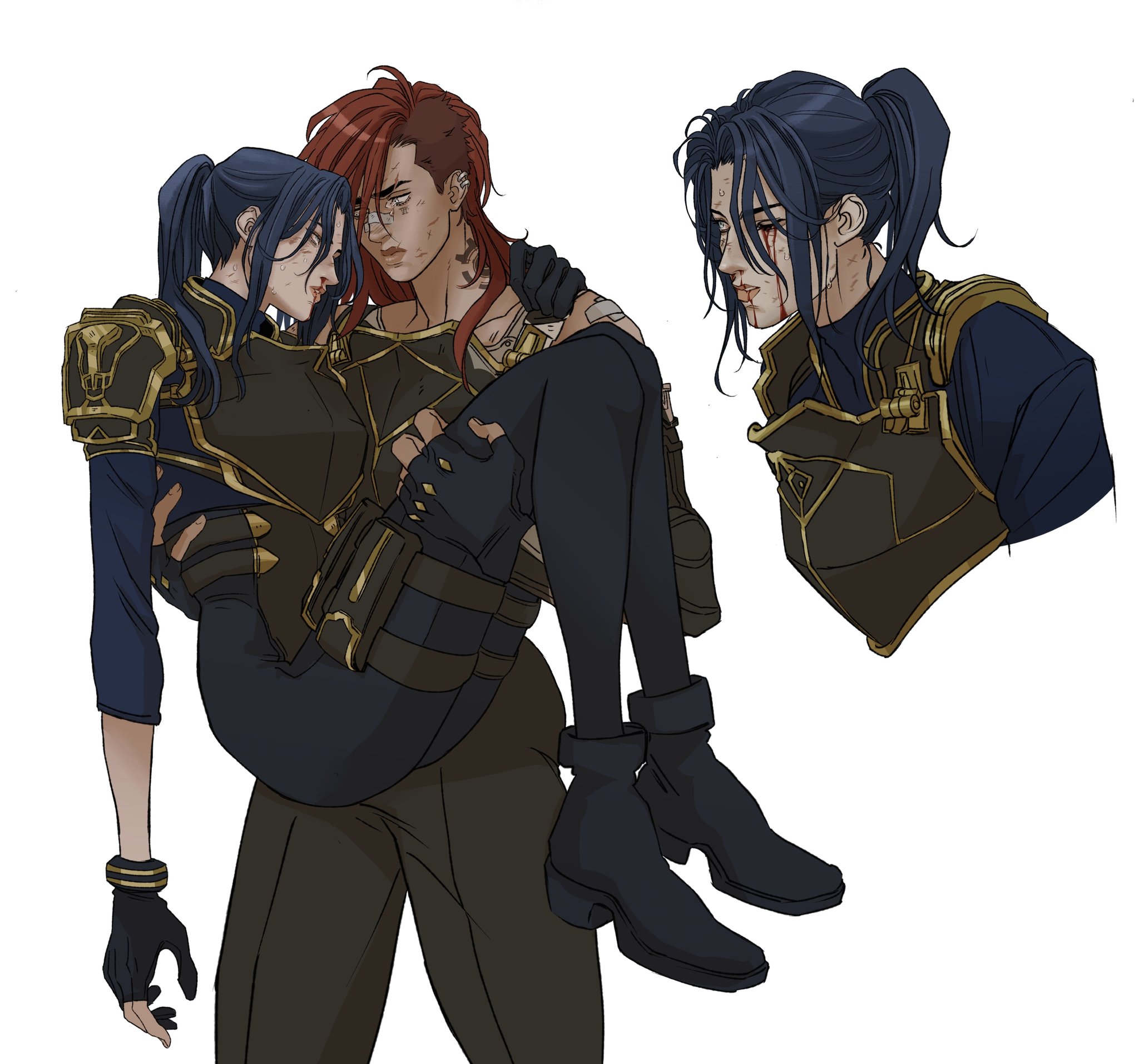 the image is a drawing or illustration of two female characters, likely from the animated series "arcane." one character with red hair is carrying the other with dark blue hair. both appear to be wounded, with blood on their faces. they're dressed in similar uniforms with protective gear. a separate drawing of the dark haired character is placed near them. the image evokes themes of protection, care, and perhaps struggle.