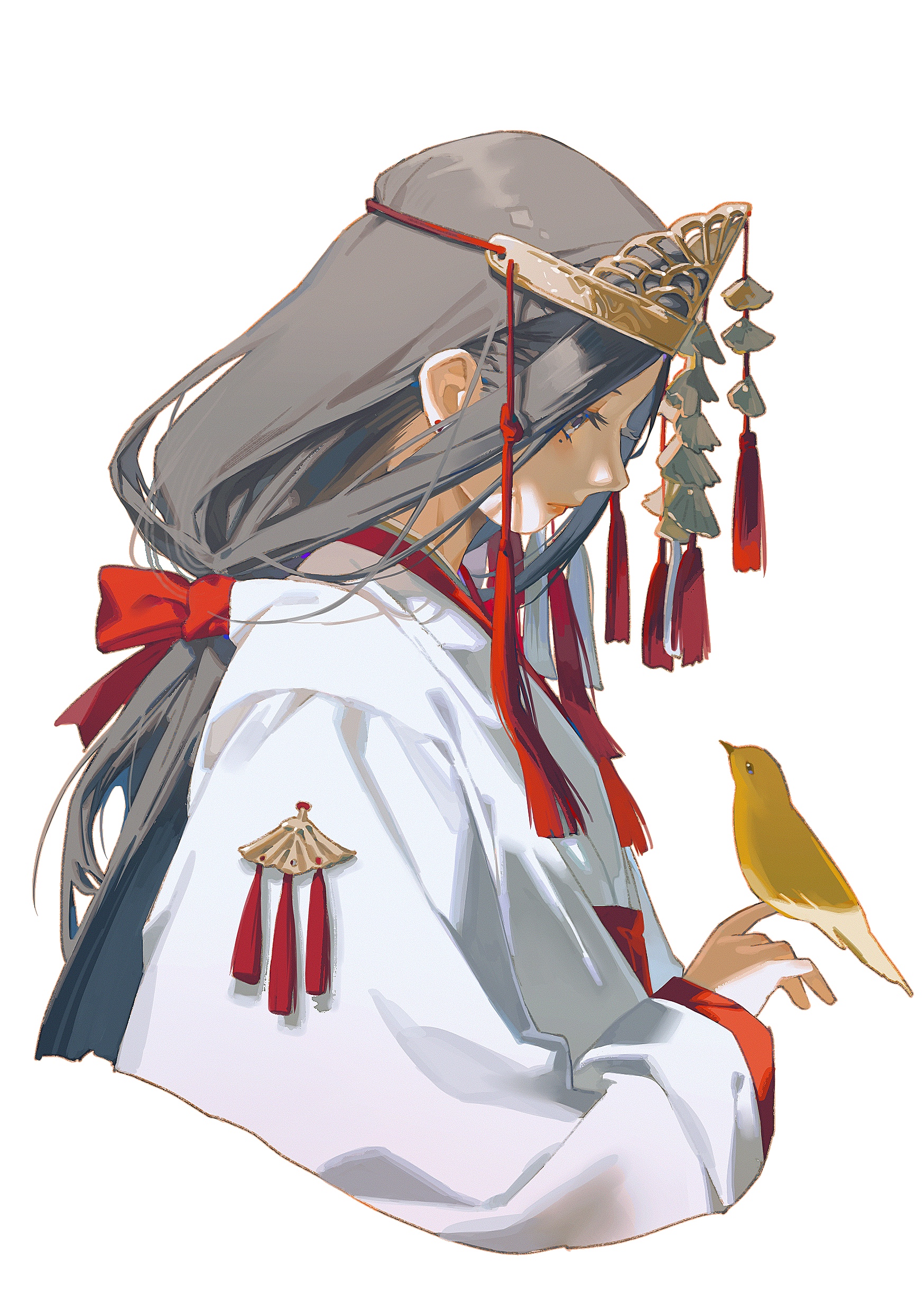 this artwork showcases a beautiful anime girl in a traditional japanese white kimono adorned with red accents. her long black hair flows down her back, partially obscuring her face. she's wearing an elaborate headpiece decorated with gold and red tassels. her gentle gaze is directed downward, as she delicately holds a small yellow bird in her hand. the overall impression is one of serenity, with delicate features and an air of peacefulness. the digital art style is vibrant and detailed, highlighting the intricate designs of the kimono and the soft beauty of the girl and the bird.