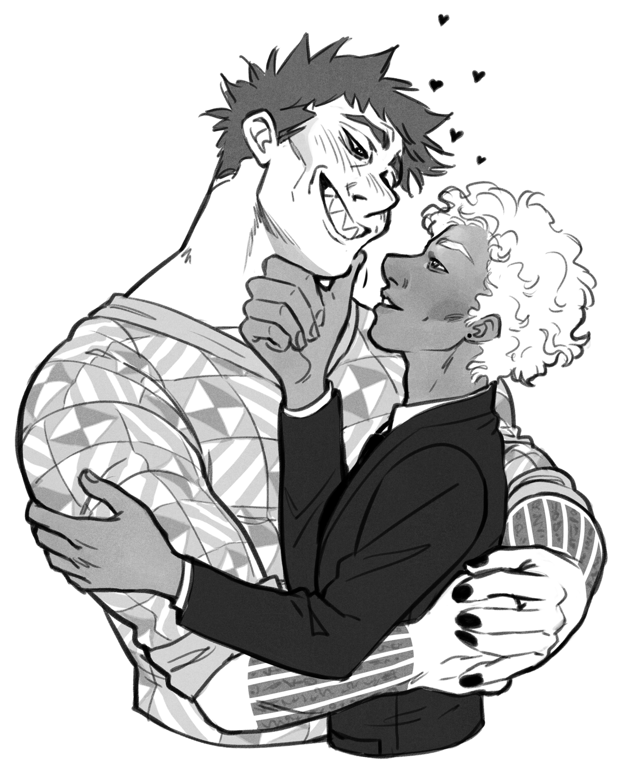 a black and white drawing of two men embracing. the taller man is drawn with exaggerated features, fangs, and a geometric patterned sweater. he has one arm around the other man’s waist and is holding his hand up near his face. the second man is shorter with curly white hair and is wearing a suit. he has one hand on the taller man’s arm and the other on his chest. there are three small hearts floating above them.