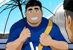 two men are sitting on a bench under an umbrella in the rain. one man is looking at the other and smiling. the scene is drawn in a manga style and appears to depict a romantic moment.