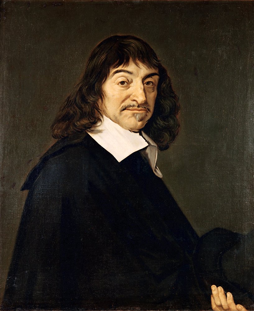 the image is a portrait painting of rené descartes, a french philosopher. he has long dark hair, a mustache, and a goatee. he is wearing a white collar and a black cloak. the background is a dark, muted color. the painting is a traditional style portrait.