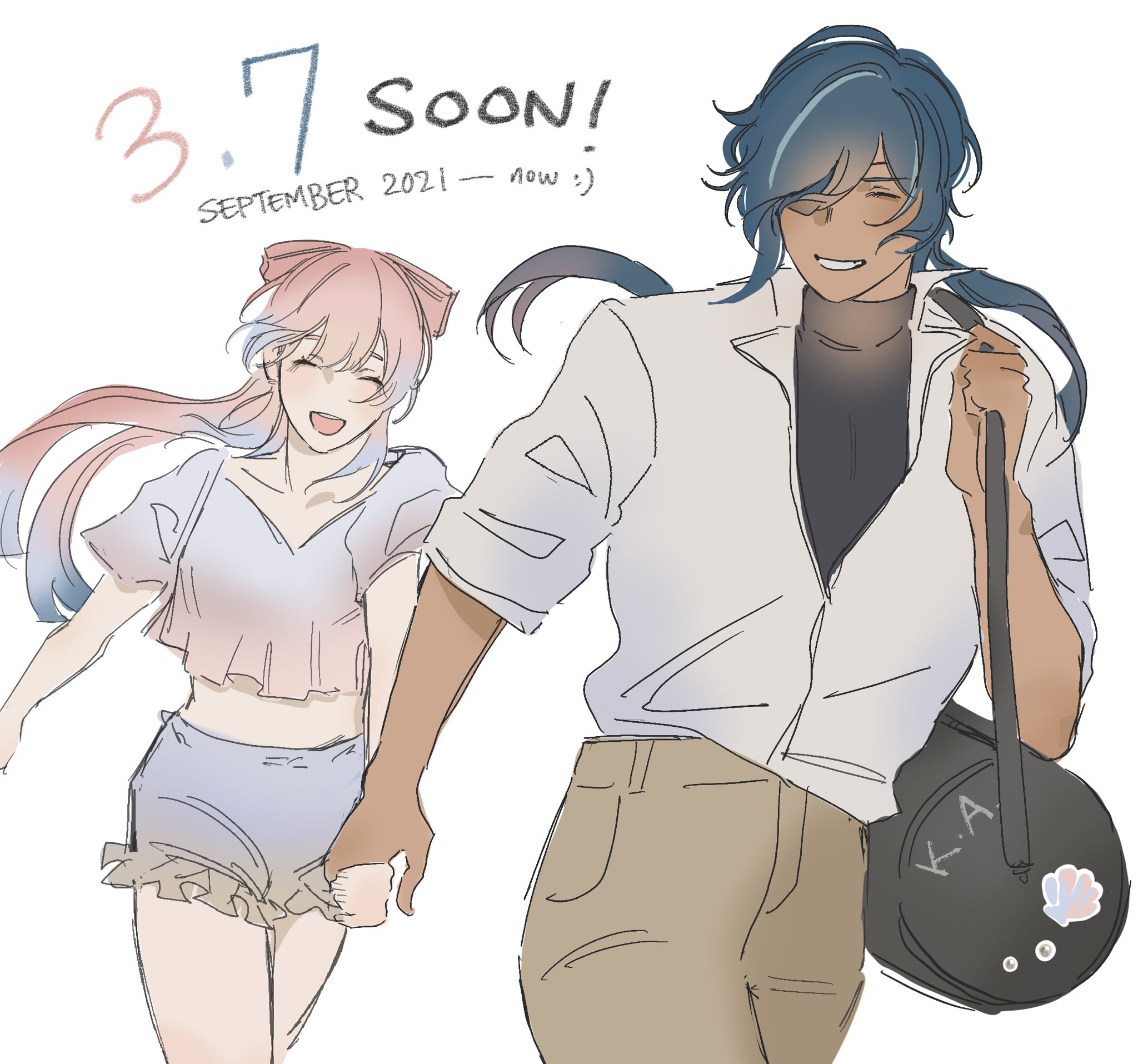 a sketch of a young man and woman holding hands and walking towards the right side of the frame. the young woman has light pink hair and is wearing a pink and blue crop top and blue shorts. the man has dark blue hair and is wearing a white shirt and pants. he is carrying a black bag over his right shoulder. the date "september 7, 2021" is written above the couple.