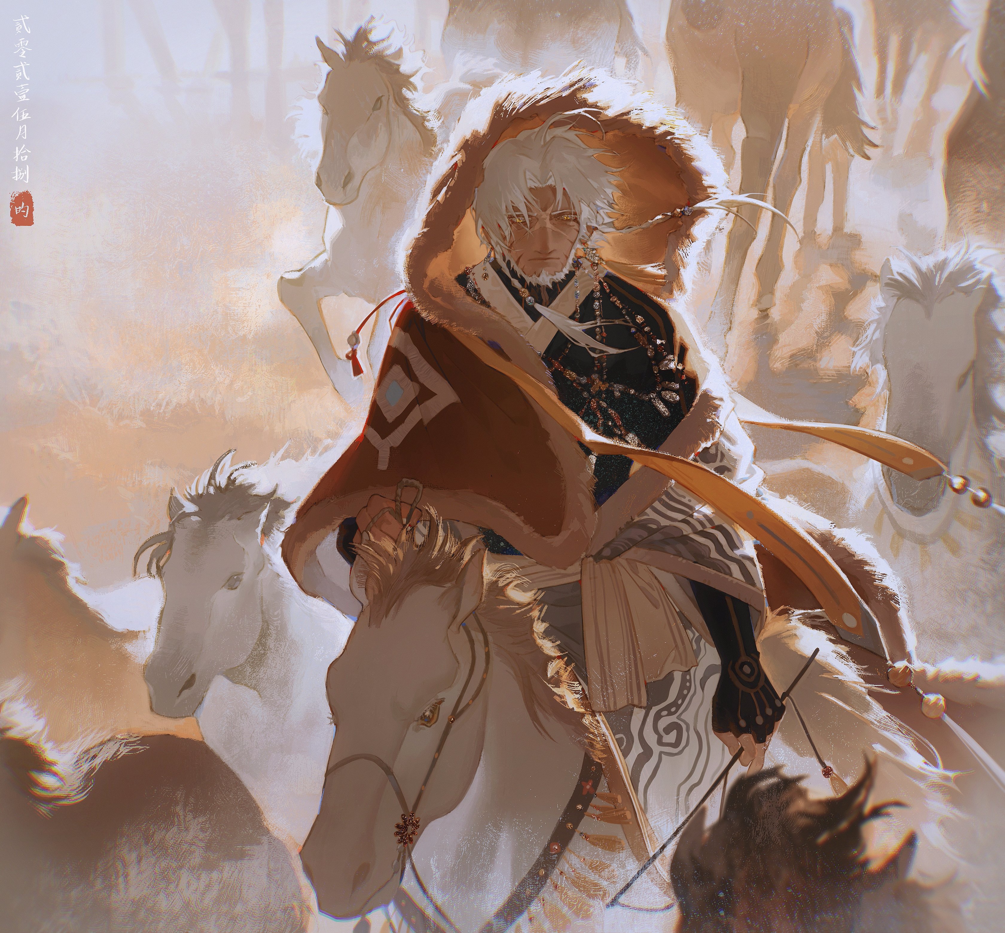 a man with white hair and a brown cloak rides a white horse through a snowy landscape. he is surrounded by other white horses, and he is holding a sword in his right hand. the man's cloak is decorated with fur and other embellishments. the scene is set in a fantasy world, and the man appears to be a warrior or a knight. the painting is done in a realistic style, and the details are very wellcrafted. the background of the painting is soft and blurry, which helps to draw attention to the central figure. the painting evokes a sense of mystery and adventure.