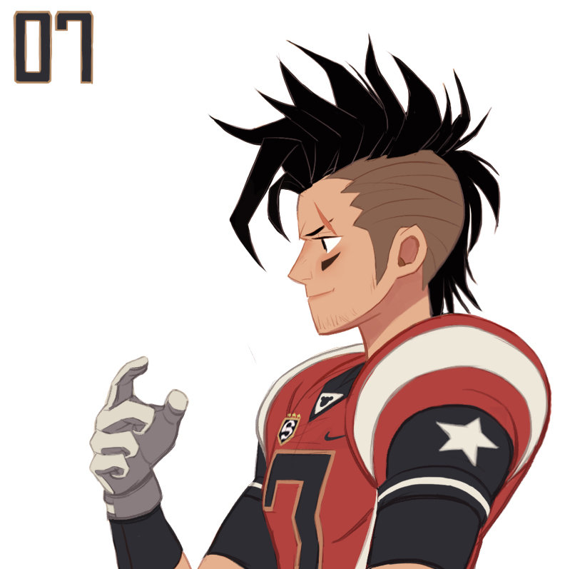 a digital illustration of a male character with a mohawk hairstyle wearing a red and white football uniform. he's positioned in a side profile, smirking slightly, with one hand raised as if about to speak or make a gesture. the style is lineheavy with flat coloring and subtle shading to define the form.