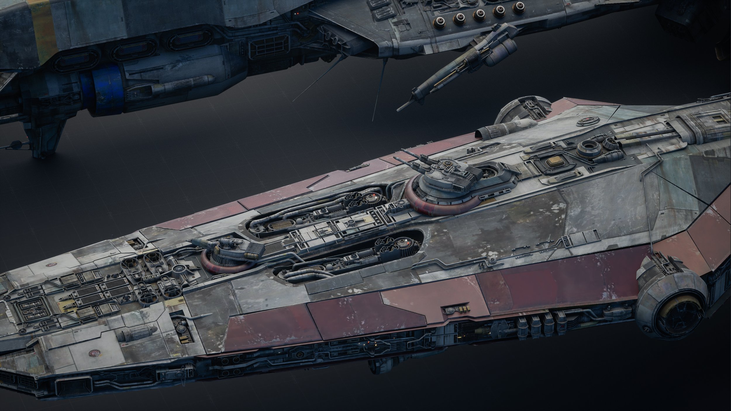 the image shows a detailed 3d render of two spaceships. the primary focus is on a larger, predominantly reddishbrown vessel which appears worn and battlescarred, showcasing intricate details of its exposed engines, weaponry (including a visible turret), and structural elements.  a smaller, grey and black spaceship is partially visible in the upper left, appearing to be positioned above or near the larger ship. both ships exhibit a weathered appearance, suggesting extensive use or combat damage. the background is a neutral dark grey, keeping the focus entirely on the spaceships. the viewpoint is slightly oblique and topdown, providing a good overview of the larger ship's deck and major systems. the style and level of detail evoke a sense of realism, reminiscent of spacecraft designs often seen in science fiction media, particularly bearing stylistic similarities to star warsesque designs.