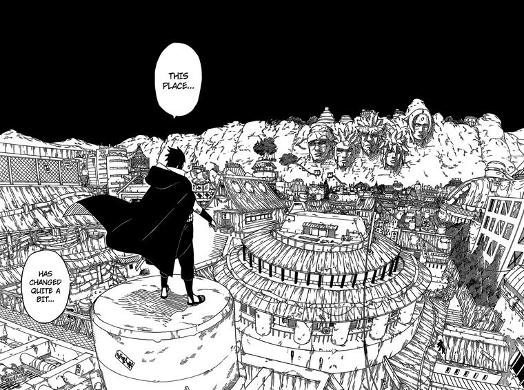this is a black and white image of sasuke uchiha standing atop a tall cylindrical structure and looking out over the hidden leaf village at night.  the faces of the hokage are carved into the mountainside in the background.