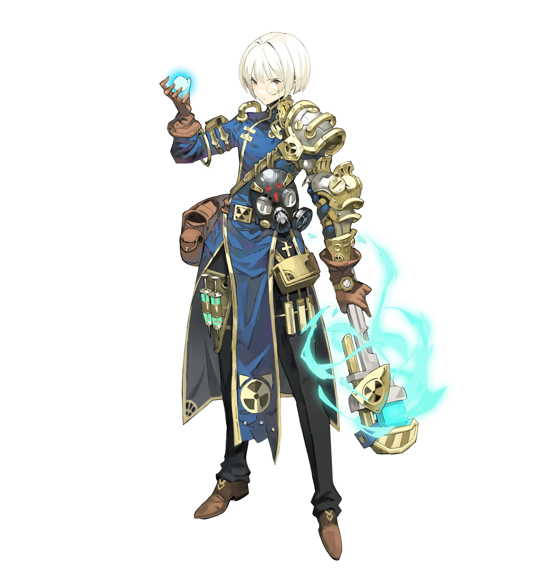 an animestyle character with short white hair, wearing goggles, a blue robe with gold trim and radiation symbols, and various steampunkstyle equipment including armor on one arm, belt pouches, and a weapon emitting blue energy. the character is holding a small blue glowing orb in one hand and stands against a white background. the character has a mad scientist or inventor aesthetic.