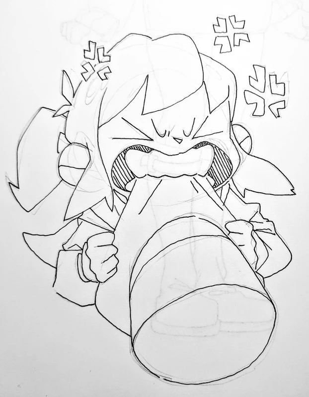 a black and white cartoon line drawing of a young girl with a determined and angry expression. her mouth is open as if she's yelling or shouting. her hair is flying back from her face and she appears to be very frustrated.  she is holding what appears to be a large, round object in front of her. in the background are some squiggly shapes which look like symbols of frustration or anger.