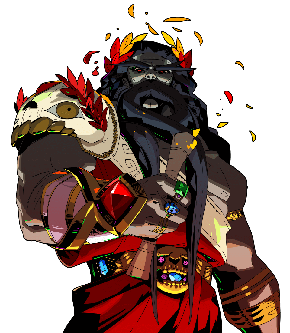 a digital art illustration of hades, the greek god of the underworld, from the video game hades. the illustration shows hades in a black, red, and gold costume with a skull helmet. he has a crown of laurel leaves on his head, is holding a spear in his left hand, and has a skull on his belt. his expression is serious.