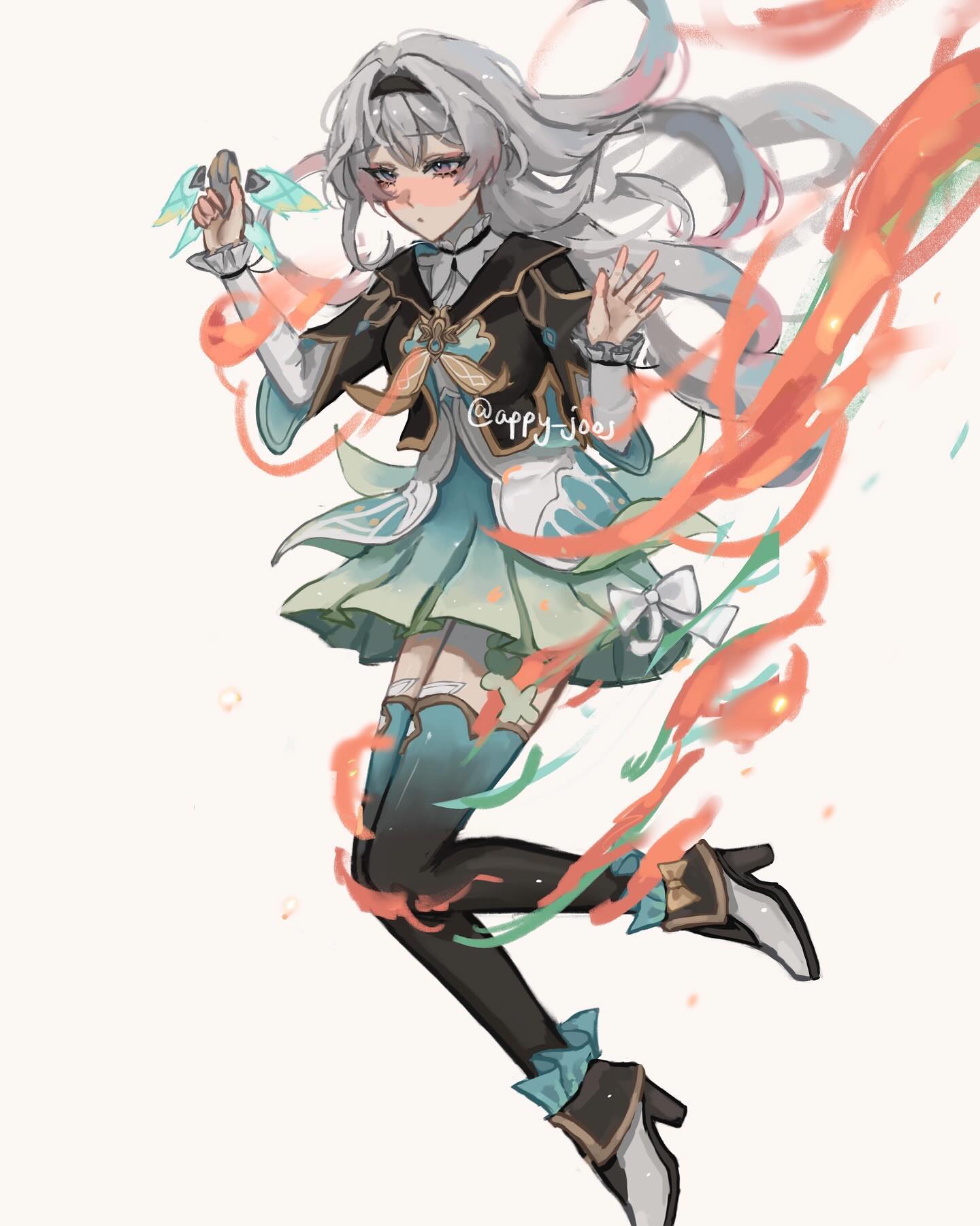 he image is a digital painting of an animestyle girl character. she has long, flowing white hair and is wearing a teal and green dress with black accents. her attire includes darkcolored boots with bows. she appears to be floating or airborne, surrounded by orange and green magical energy or sparks. she holds what looks like a pair of small, light teal wings in one hand. the overall style is dynamic and whimsical, presenting the character in a graceful, actionoriented pose. the artwork exhibits a delicate balance between detail and soft, slightly blurry elements, particularly in the energy trails.