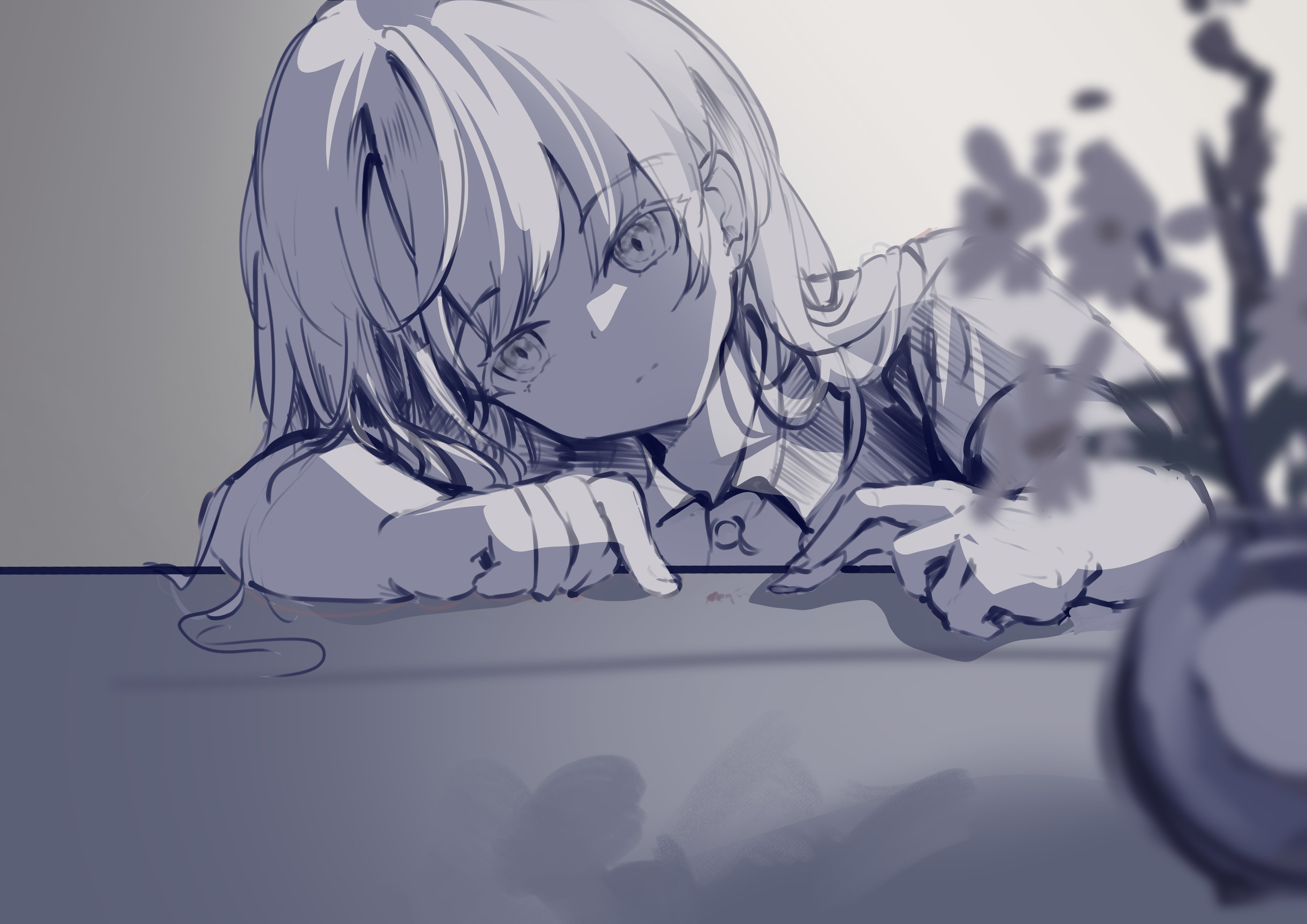the image is a digital sketch or drawing of an animestyle girl with long, white hair and blue eyes. she is leaning on a table, her expression is sad and pensive. the background is blurry, but there is a vase of flowers visible in the lower right corner. the overall style is soft, delicate, and ethereal, with a grayscale color palette. the image evokes a feeling of melancholy and sadness.