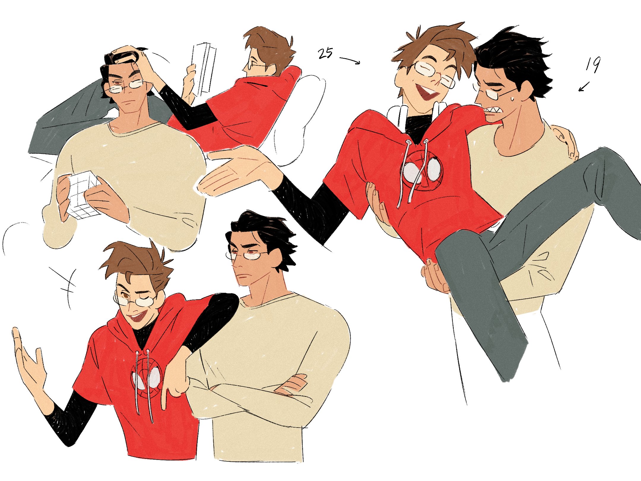 the illustration features two male characters who are seemingly friends.  the two are drawn in different positions, but are in a playful mood. one is holding the other in the air, and the other seems delighted. the red hoodie on one of the characters is a noticeable detail, and the cartoonish style of the drawing contributes to the overall feel of fun and friendship.