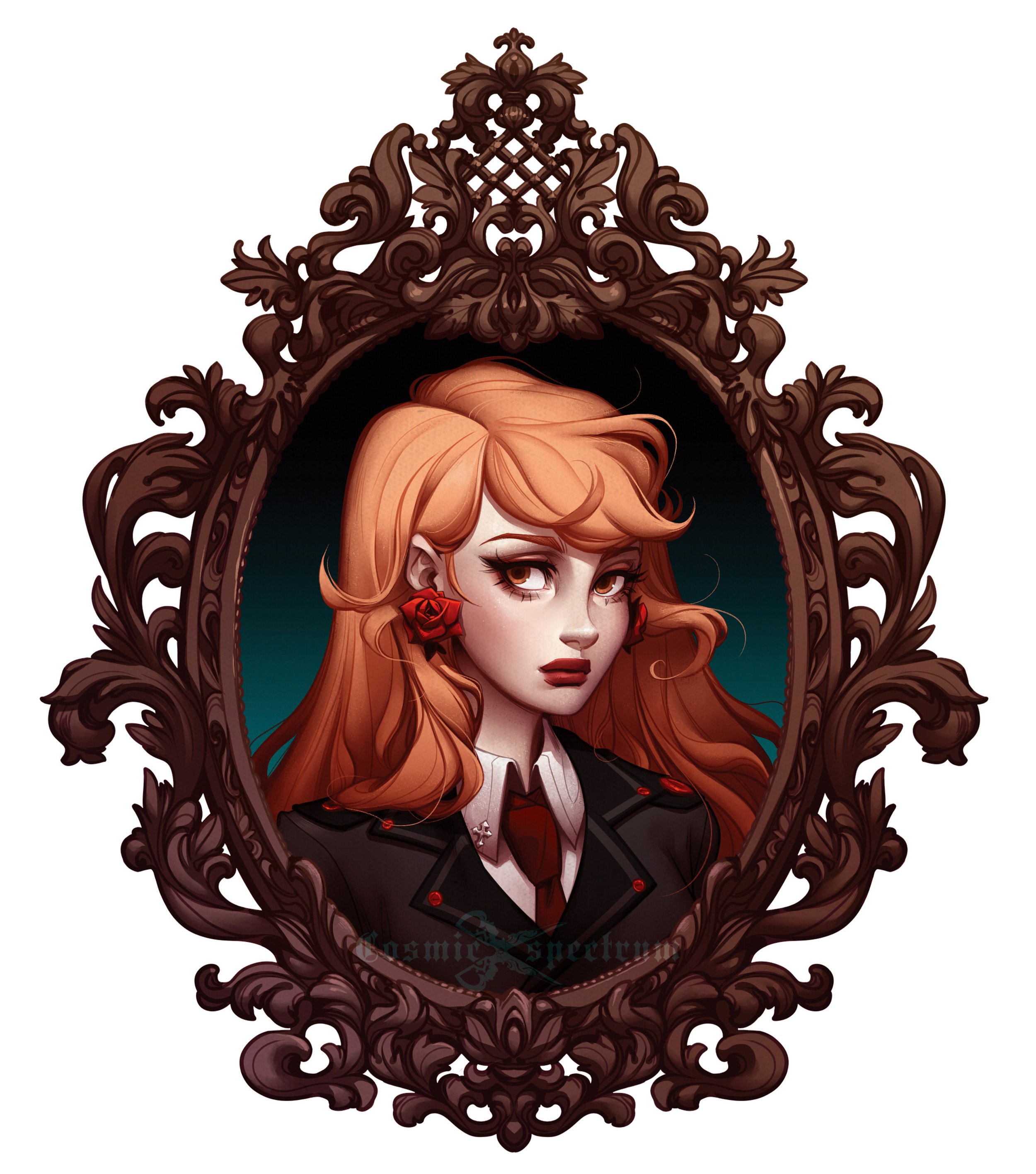 the image is a digital painting of a young woman with long orange hair, styled in a slightly animeinfluenced manner. she is wearing a darkcolored militarystyle uniform with a red tie.  she has on small red rose earrings. her expression is serious and somewhat melancholic. the portrait is set within an elaborate, dark brown, rococostyle frame, giving it a vintage or gothic feel. the background within the frame is a dark teal or greenishblue. the style of the art is highly detailed and polished, exhibiting a strong grasp of form and lighting.  the artist's signature, "cosmic spectrum," is subtly included at the bottom.