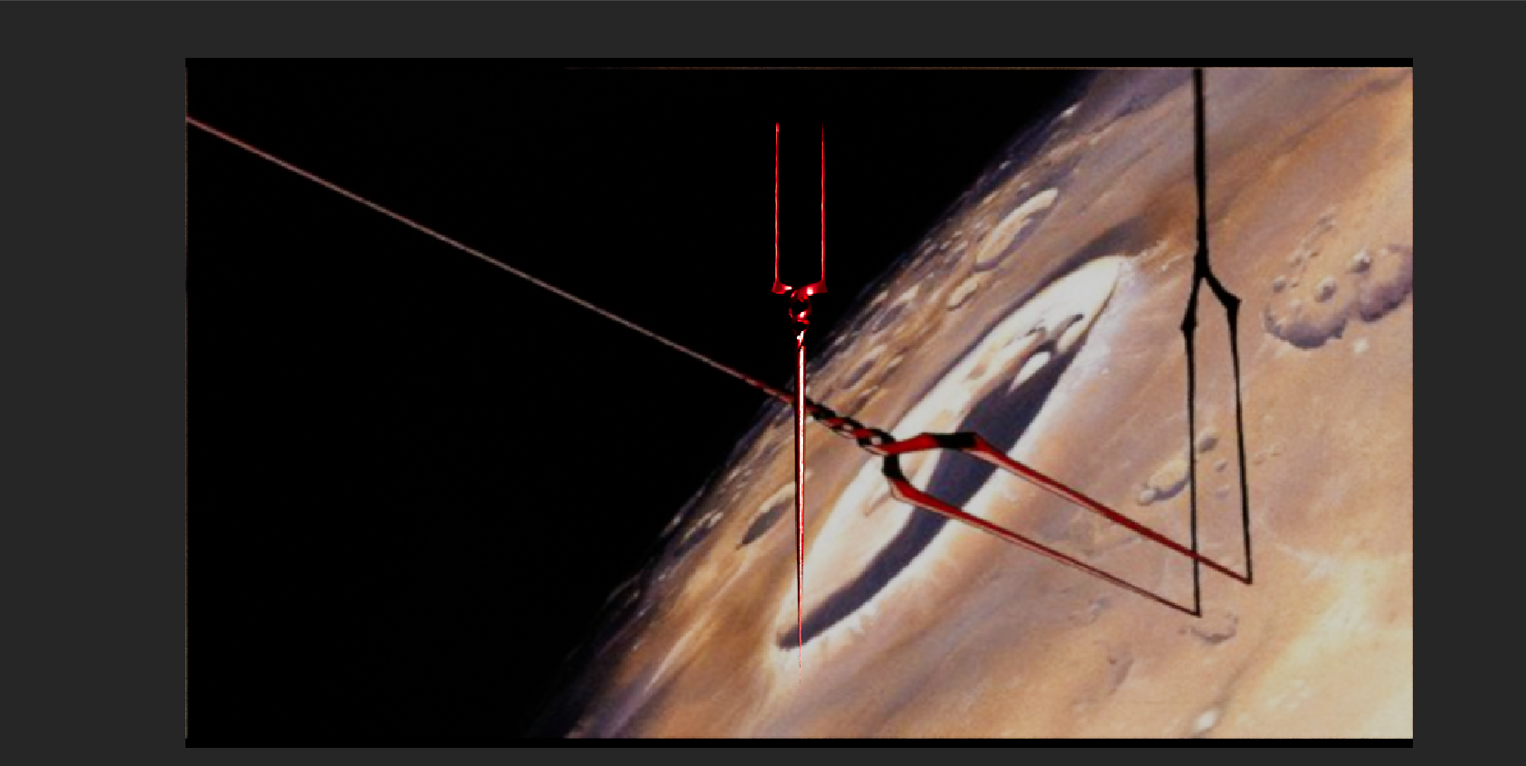 this image depicts a giant red spear, seemingly penetrating a planet. the spear is composed of two prongs that are connected to a long, thin rod extending out of the frame. the planet is surrounded by a dark, black void of space. the planet's surface is reddishbrown, with craters and other geological features visible. the spear's shadow casts a long, dark shape on the planet's surface. the image has a futuristic, science fiction aesthetic, suggesting a scene from an anime or manga.  it is reminiscent of the spear of longinus, the iconic weapon in the anime series neon genesis evangelion.