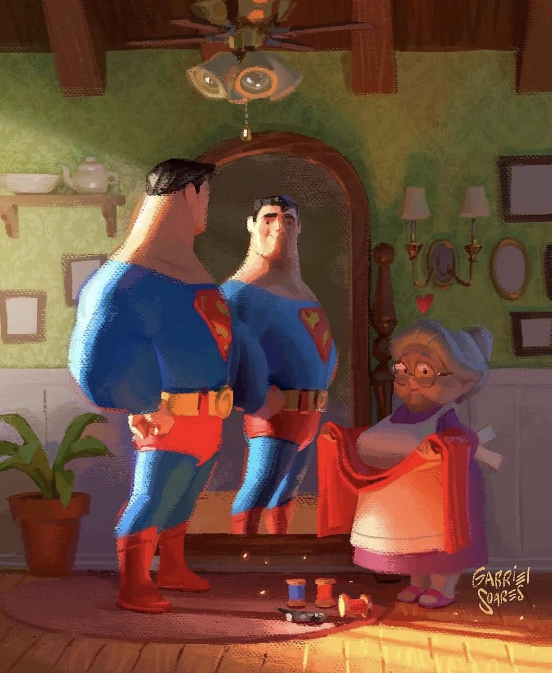 the illustration shows superman standing in front of a mirror, seemingly admiring his reflection.  his reflection is almost identical, but subtly different. an elderly woman, possibly his grandmother, stands to the side, holding a red cape, appearing to be repairing or adjusting it. the scene is set in a cozy, vintagestyle home, filled with warm light. the style is reminiscent of pixar or other highquality animation studios, with a painterly quality to the digital artwork. the overall tone is heartwarming and suggests a tender family moment.