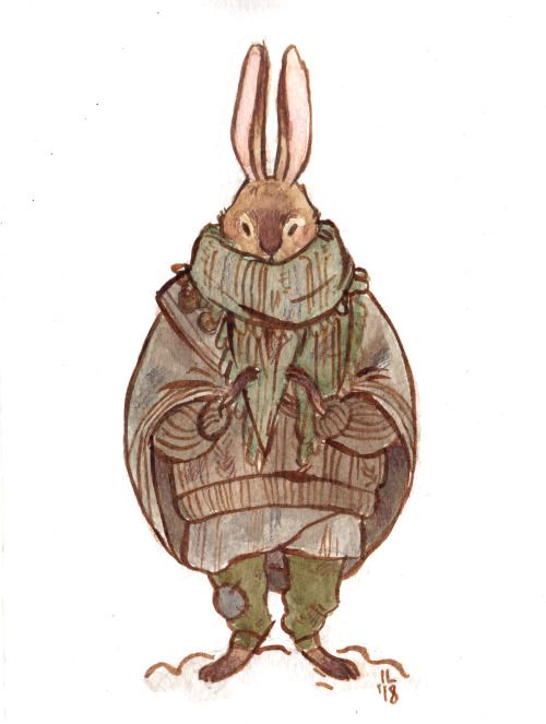 an illustration of a rabbit dressed in clothing. the rabbit is wearing a scarf and sweater.