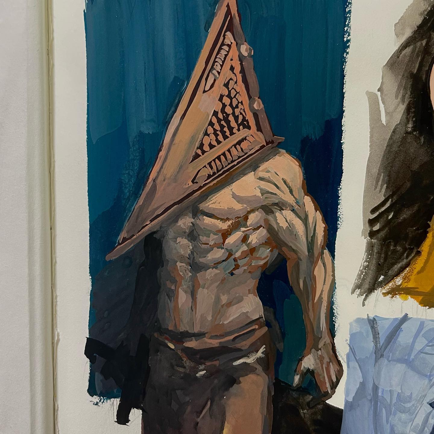 a stylized gouache painting of pyramid head from the silent hill video game series. it is a portrait from the waist up against a blue background. the figure is facing right with his head turned towards the viewer.  pyramid head's signature large, metallic, pyramidshaped helmet covers his head. his body is muscular. he appears to be wearing a bloodstained white robe or skirt.